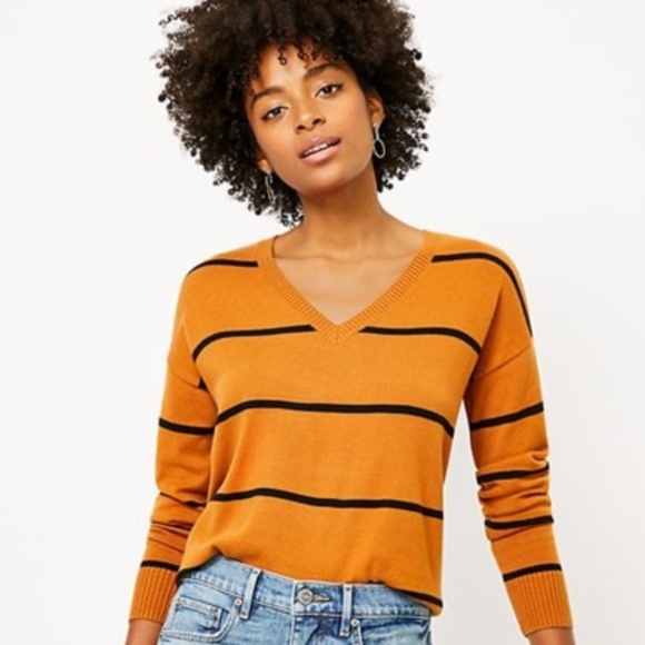 LOFT Sweaters - 🦋Loft Ann Taylor Cognac Amber Striped Sweater Brown Knit Pullover L Brown Top